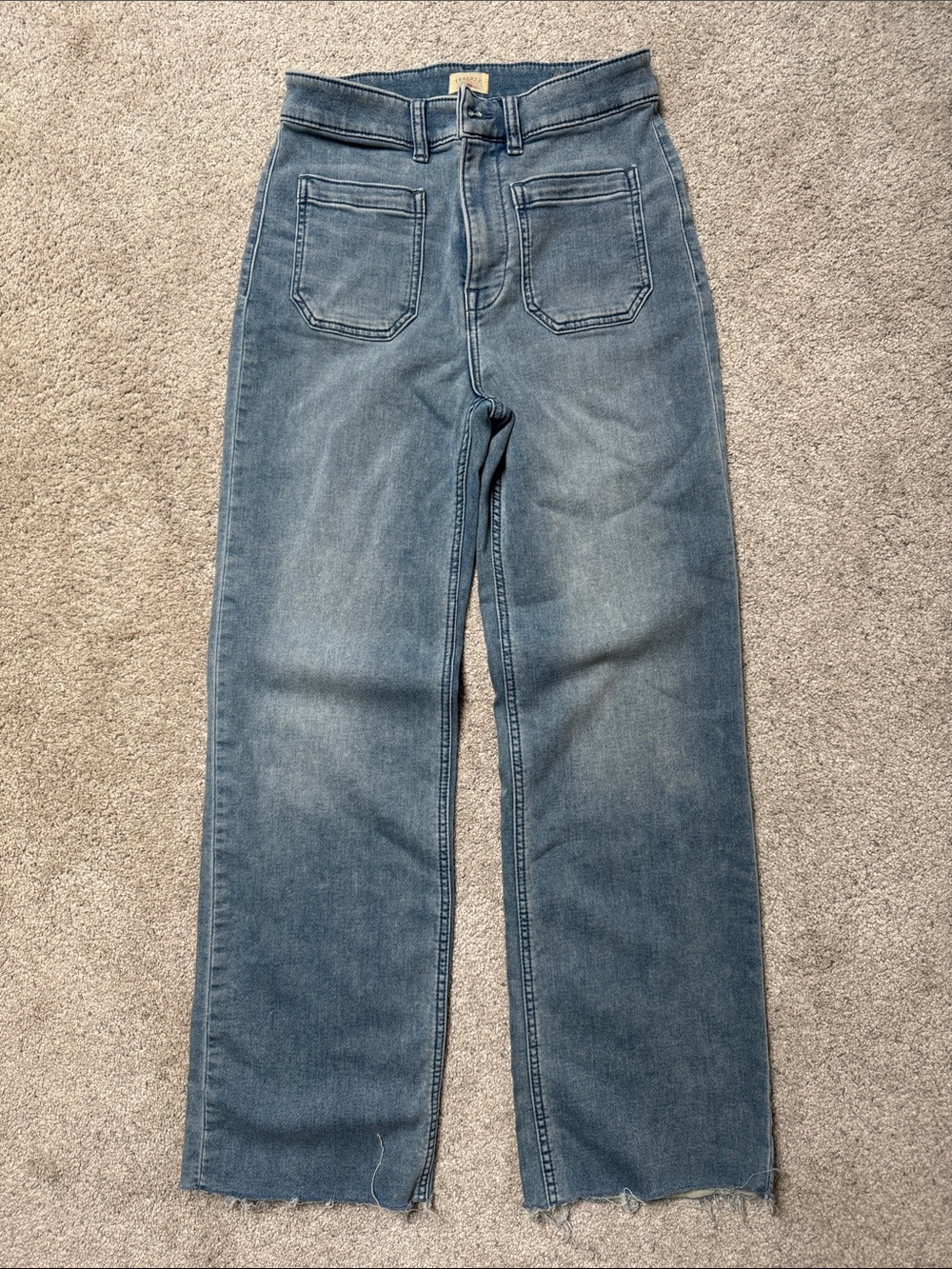 Faherty High-Rise Wide Leg Terry Stretch Jeans in Medium Blue with Frayed Hem
